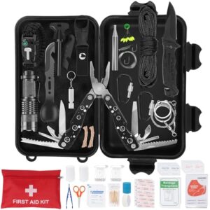 HIMOMO 80 in 1 Außen Notfall Survival Kit, Mehrzweck Survival ausrüstung mit Erste Hilfe Set, Faltbares Multifunktion Zange Werkzeug,Taktische Taschenlampe, für Männer Camping Abenteuer Bergsteigen