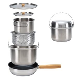 Camping Kochset mit undichter Korb, Camping Kochgeschirr aus Edelstahl, Antihaftbeschichtete Pfanne, Camping Töpfe Set für Camping, Wandern, Picknick