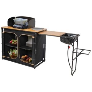 Faltbare Campingküche mit Spüle und Unterschrank aus Aluminium und Bambus, ideal für Campingreisen und Picknicks, portable und wetterfest