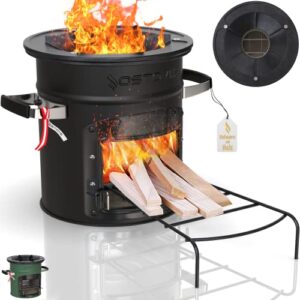 Portable Holzofen von OSTOVE für Camping und Kochen im Freien. Der Raketenofen ist ideal für Außenbereich und bietet einen Kamineffekt ohne große Rauchentwicklung.