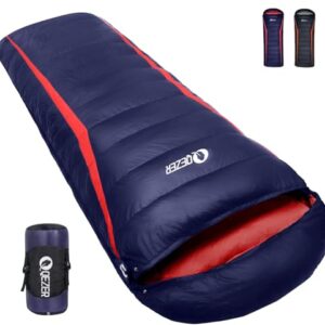 Daunenschlafsack mit 600 g Premium-Daunen, ideal für Camping, Wandern und Outdoor-Trekking, Dunkelblau/Rot