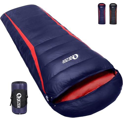 Daunenschlafsack mit 600 g Premium-Daunen, ideal für Camping, Wandern und Outdoor-Trekking, Dunkelblau/Rot