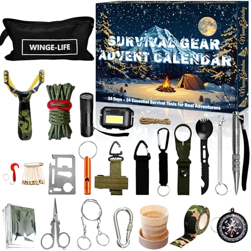 Survival Kit Adventskalender für Männer, 24 Tage Weihnachts Countdown mit essentiellen Outdoor Werkzeugen für Erwachsene und Teenager, perfekte Geschenkidee für Outdoors-Fans