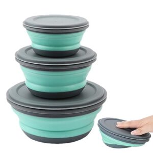 Drei faltbare Silikonschüsseln mit Deckel, perfekt für Camping, Wandern und im Freien essen
