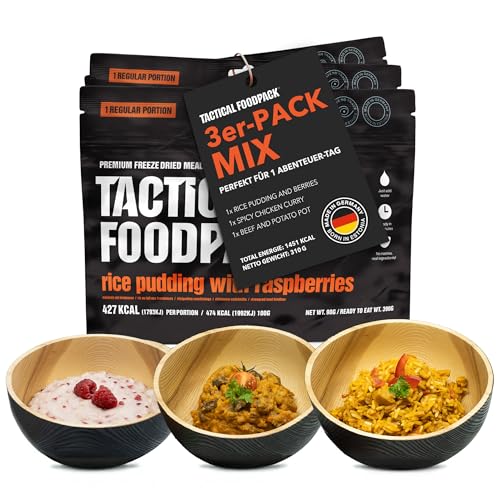 Taktisches Foodpack 1-Tages-Mix-Satz, gefriergetrocknetes Outdoor-Food für Camping und Notfälle, enthält Reispudding, Hühnchen Curry und Beef Pot