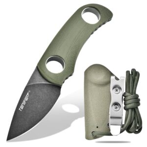 Tonife Runer Feststehendes Neck Knife mit Scheide und Lanyard, EDC Messer für Outdoor, Grün+Schwarz Oxid dann Stonewash