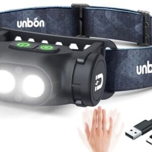 UNBON Stirnlampe LED Wiederaufladbar, Kopflampe mit 3 Lichtmodi, Sensor und Magnet, IPX4 Wasserdicht, ideal für Wandern, Angeln, Joggen, Camping usw.