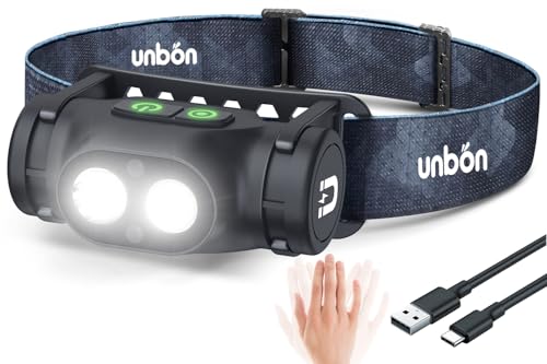 UNBON Stirnlampe LED Wiederaufladbar, Kopflampe mit 3 Lichtmodi, Sensor und Magnet, IPX4 Wasserdicht, ideal für Wandern, Angeln, Joggen, Camping usw.