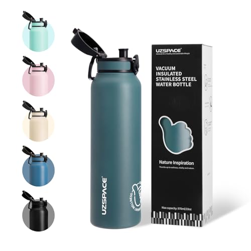 Edelstahl Trinkflasche 1l, doppelwandige Sportflasche mit Klappdeckel, Ein-Hand-Öffnung, Auslaufsicherheit, Wasserflasche für Wandern, Sport, Fitness, Gym, Outdoor, Workout und Arbeit