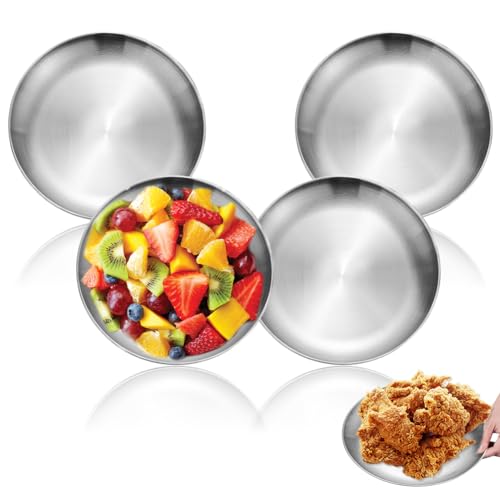 Edelstahl Teller 4er Set - 20cm Camping Teller aus 304 Edelstahl, spülmaschinenfest und rostfrei für Picknick, Grillen & Outdoor