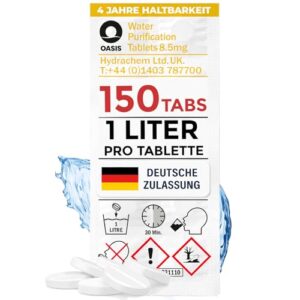 Wasseraufbereitung für Trinkwasser mit 150 Tabletten je 1 Liter, geeignet für Wandern und Campen, Notfallrucksack und Reiseapotheke