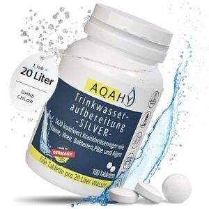 AQAHY Trinkwasseraufbereitung ohne Chlor - 100 Tabletten, reicht für 2000 l Wasser, inaktiviert Keime, Viren und Bakterien, konserviert Trinkwasser, Notvorrat, Blackout, Notfallrucksack