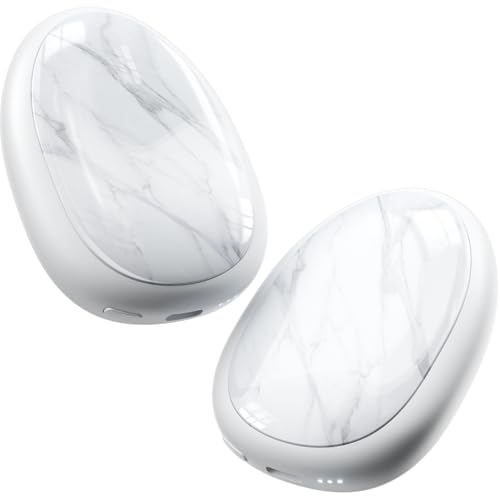 Zwei wiederaufladbare Handwärmer mit Kieselsteinoptik und magnetischer Funktion für schnelles Aufheizen. Ideal für Outdoor-Aktivitäten wie Wandern, Camping oder Skifahren.