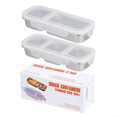 Edelstahl-Snackbehälter, 2er-Set, kleine Lebensmittelbox mit 2 und 3 Fächern, auslaufsichere Deckel für Picknicks und Partys, spülmaschinenfest (Silber)
