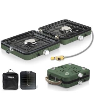 Kompakter und leichter Campingkocher mit zwei einstellbaren Brennern für Outdoor-Kochen, perfekt für Camping, Wandern und Notfall-Situationen.