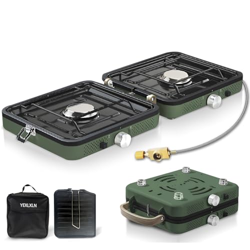 Kompakter und leichter Campingkocher mit zwei einstellbaren Brennern für Outdoor-Kochen, perfekt für Camping, Wandern und Notfall-Situationen.