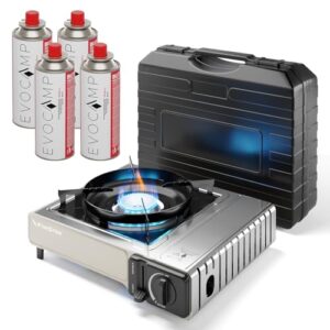 Gaskocher 1-flammig, Campingkocher, Gasherd mit Piezozündung und Tragekoffer, Gaskocher für Outdoor und Camping, Portable Gas Stove, 2,2 kW Leistung, mit 4 Gaskartuschen 227g