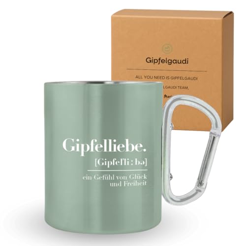 Gipfelgaudi Edelstahl Tasse mit Karabinergriff & Gravur - Outdoor-Becher zum Anklipsen - Robust, leicht & perfekt für Gipfelliebhaber