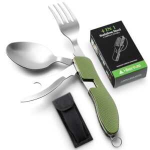 Hikenture Outdoor Besteck 4-in-1 Campingbesteck mit Messer, Gabel, Löffel und Flaschenöffner in einem praktischen Set aus Edelstahl inklusive Gürteltasche für unterwegs bei Camping und Outdoor-Aktivitäten