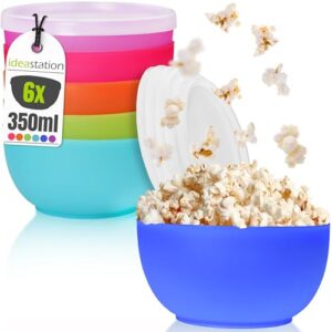 ideastation neo plastikschüssel 6 stück bunt, perfekte snack und camping bowls mit deckel, ideal für frühstücksbüfett, dipschalen oder grillen