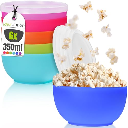ideastation neo plastikschüssel 6 stück bunt, perfekte snack und camping bowls mit deckel, ideal für frühstücksbüfett, dipschalen oder grillen