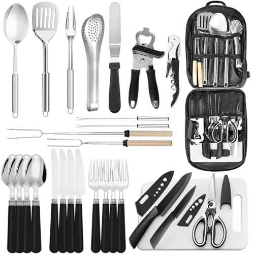 Kochgeschirr-Kit mit 27 Teilen, ideal für Camping, Picknick und Grillpartien, lebensmittelchemischer Edelstahl