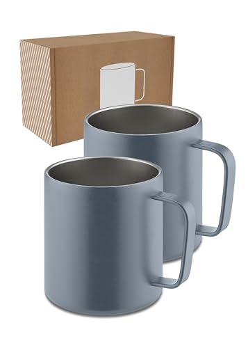 LAMBDA COFFEE Edelstahl Tasse 2x360ml Thermobecher mit Henkel I Kaffeetasse doppelwandig isoliert I Tassen Set für Camping & Outdoor I Thermo Kaffee Becher (Blau)