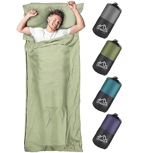 Hüttenschlafsack, 2in1 Sommerschlafsack aus Mikrofaser, durchgängigem Reißverschluss und Kissen Fach, ideal für Backpacking, Hostels und Berghütten