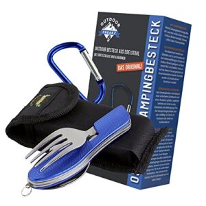 Outdoor Campingbesteck von OUTDOOR FREAKZ, Klapp-Besteck aus Edelstahl mit Gürteltasche, blau +
