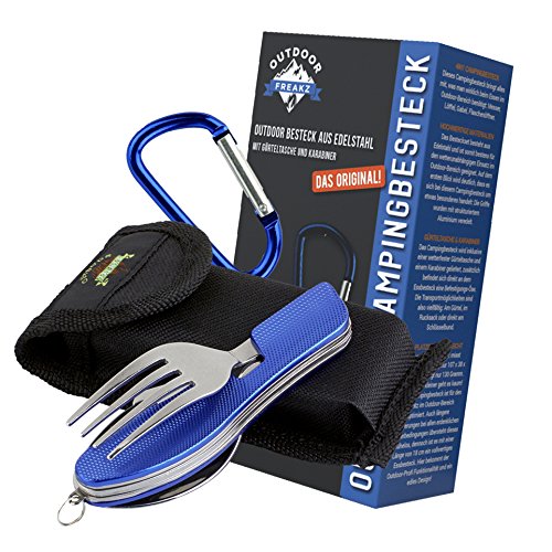 Outdoor Campingbesteck von OUTDOOR FREAKZ, Klapp-Besteck aus Edelstahl mit Gürteltasche, blau +