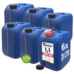 BPA-freie Wasserkanister in blauer Farbe, 20 Liter Fassungsgröße, Deckel und Auslaufhahn inklusive, für Camping und Indoor/Outdoor Verwendung, Made in Germany