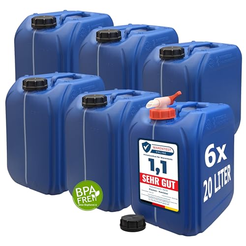 BPA-freie Wasserkanister in blauer Farbe, 20 Liter Fassungsgröße, Deckel und Auslaufhahn inklusive, für Camping und Indoor/Outdoor Verwendung, Made in Germany