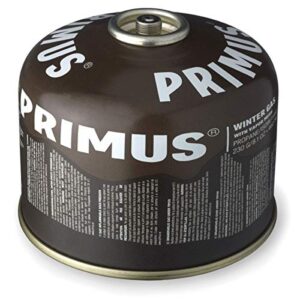 Primus Winter Gas 230 g Gaskartusche mit Sicherheitsventil, schwarzes Metall-Gasgefäß mit silberner Abdeckung und sicherer Ventilierung