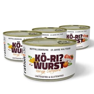 lange haltbare Fertiggerichte, glutenfreie und laktosefreie Bratwurst in Curry Sauce, Outdoor-Nahrung, Trekking-Ernährung für Camping und Survival