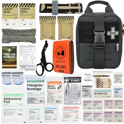 RHINO RESCUE IFAK, Erste-Hilfe-Kit, Trauma Notfallversorgung taktisch mit Gaze und Bandage für Jagd, Camping, Reisen (Schwarz PRO)