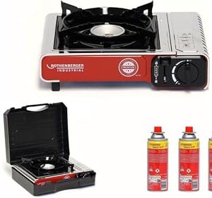 ROTHENBERGER Industrial Campingkocher PREMIUM inkl. 4 Gaskartuschen, Tragekoffer und 1-flammigem Gaskocher für Töpfe von 12-26 cm Durchmesser