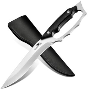 Smith Chu D2-Stahl Outdoor-Messer: Full-Tang Camping-Messer mit Lederscheide und Silber-Feststehender Klinge. Ergonomischer Griff mit Handschutz für Herren