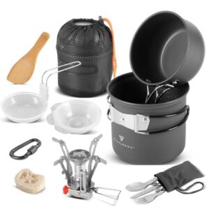 STAHLWERK Camping-Kochgeschirr-Set, Aluminium-Campinggeschirr mit Topf, Pfanne, Gaskocher und Besteck für Outdoor-Kochen