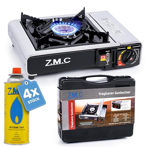 Z.M.C. Gaskocher 1-flammig mit Aufbewahrungskoffer und 4X Gaskartuschen, ideal für Campingausflüge und Outdoor-Kochen