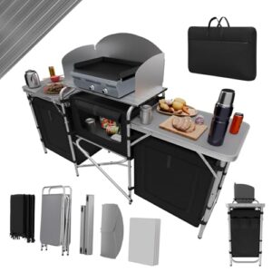 Campingküche Campo, faltbare Alu Reiseküche mit Arbeitsplatte und Staufächern für Outdoor-Camping inklusive Windschutz und Tragetasche