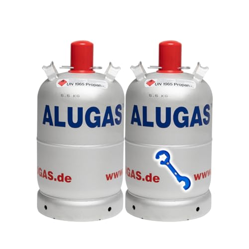 Zwei neue, leere Propangasflaschen von Alugas mit 11 kg Fassungsvermögen, ideal für Campingzwecke