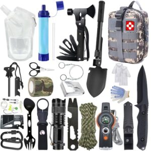 Survivalkit mit 22 verschiedenen Werkzeugen und Ausrüstungsgegenständen für Outdoor-Aktivitäten wie Überleben, Camping, Abenteuer und Wandern