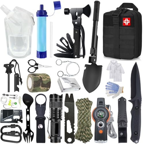Umfassendes Außen-Notfall-Set für Outdoor-Survival, enthält Wasserfilter, Wasserbeutel und weitere Ausrüstung für Überleben in der Wildnis