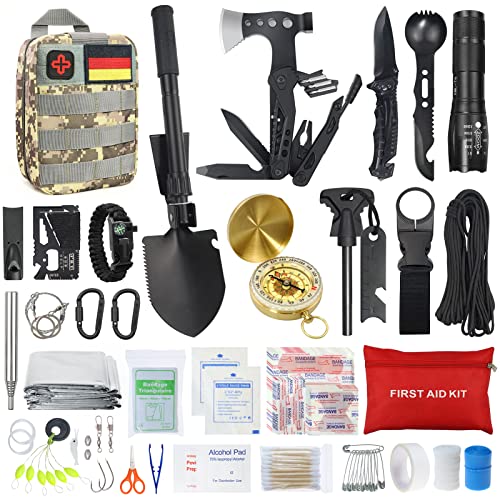Außen Notfall Survival Kit mit Erste Hilfe Set, WayinTop Survival Ausrüstung mit Multi-Tool Axt, Klappspaten, Rettungsdecke Kompass und anderen wichtigen Gegenständen für Outdoor-Aktivitäten wie Camping, Wandern oder Abenteuer
