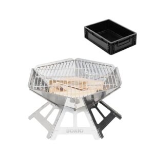 Edelstahl Feuerschale mit Grillrost, ideal für Garten und Camping-Ausflüge, hygienische Verhältnisse, modulare Aufbau ohne Werkzeug, minimalistisches Design, perfekt für spontane Lagerfeuer im Stadtpark