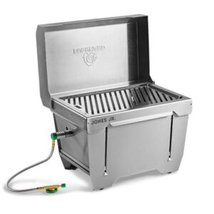 BURNHARD Camping Gasgrill JONES Jr. Edelstahl Klappgrill mit Deckel, 1-Brenner, 3,2 kW, inklusive Transporttasche mit Rucksackfunktion und Multitool, ideal für Camping