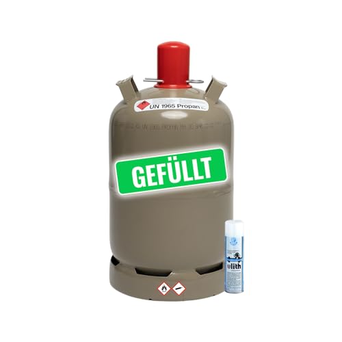 Propan-Gas-Flasche 11 kg gefüllt, Campinggasflasche inklusive Lecksuchspray