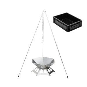 BOXIO Feuerkorb Set für Garten und Camping, Edelstahl Feuerschale mit Grillrost und Dreibein, portable Grill und Lagerfeuer Einrichtung