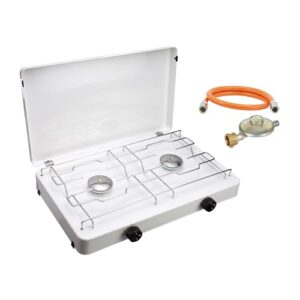 Camping-Gaskocher mit 2-flammigem Zweiflammkocher, Gasdruckregler und Gasschlauch, 3,8 kW Leistung und 277 g/h Verbrauch