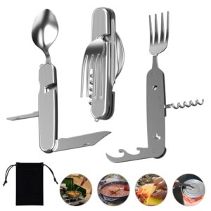 Camping Besteck Set aus Silber, 6-fach Klappbesteck mit Messer, Gabel und Löffel sowie Flaschenöffner für Outdoor-Aktivitäten wie Camping, Wandern oder Übernachtungen in der Wildnis